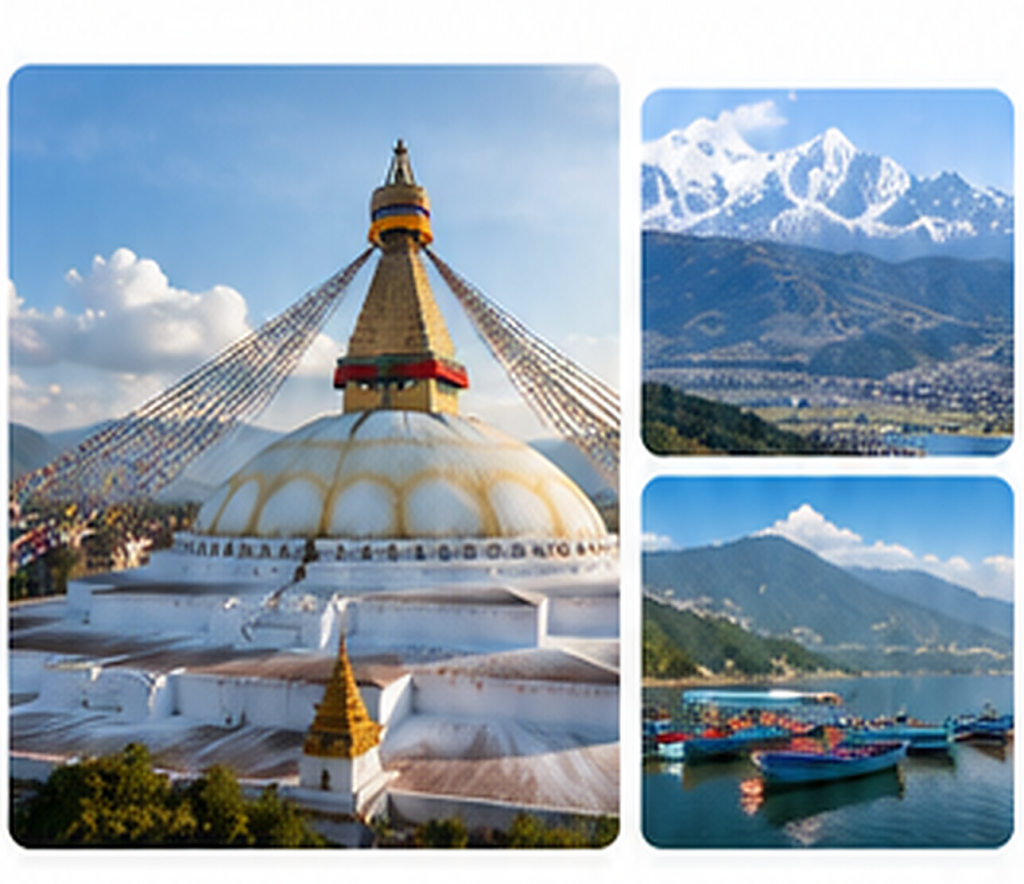 Boudhanath Stupa in Kathmandu, snow-capped Himalayan mountains, and a scenic lake in Nepal showcasing the country’s cultural and natural attractions for dental tourism.